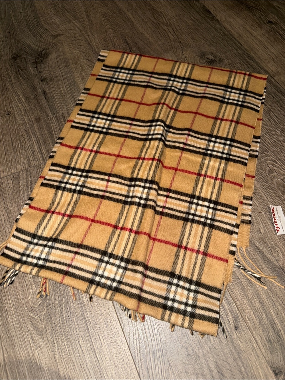 V. FRAAS Camel Plaid Scarf with Black & Red Accents nwt